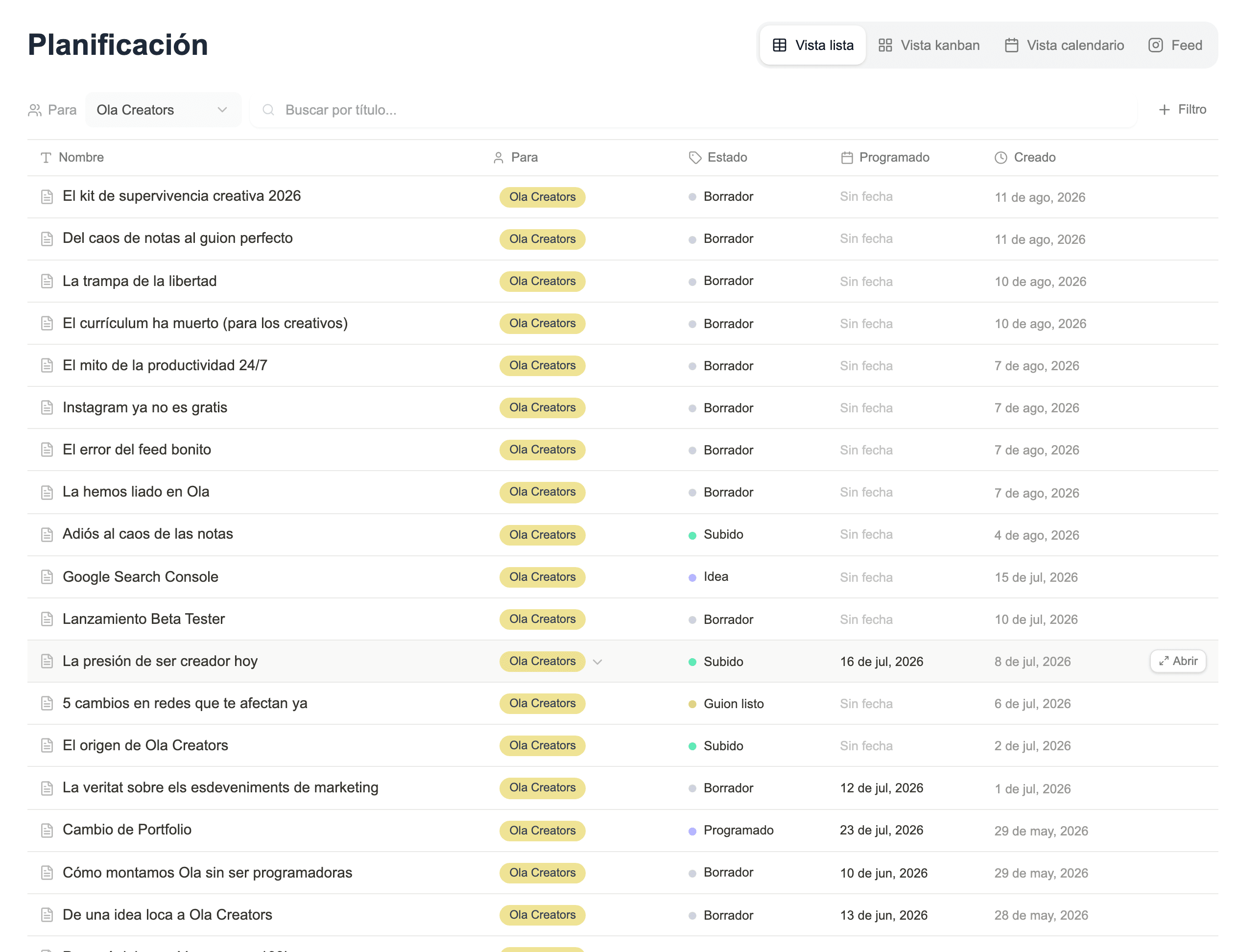 La planificación del gestor pasando por la lista, el kanban y el calendario