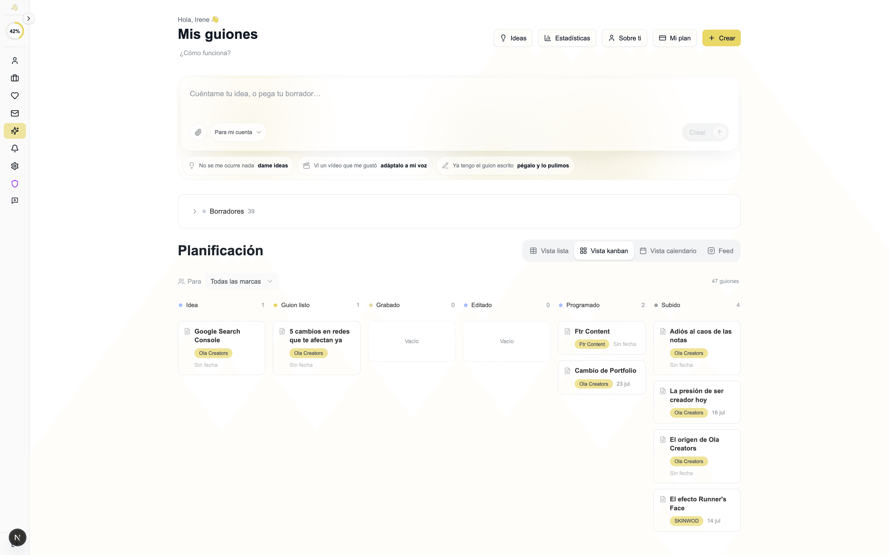 Vista real del gestor de contenidos de Ola Pro
