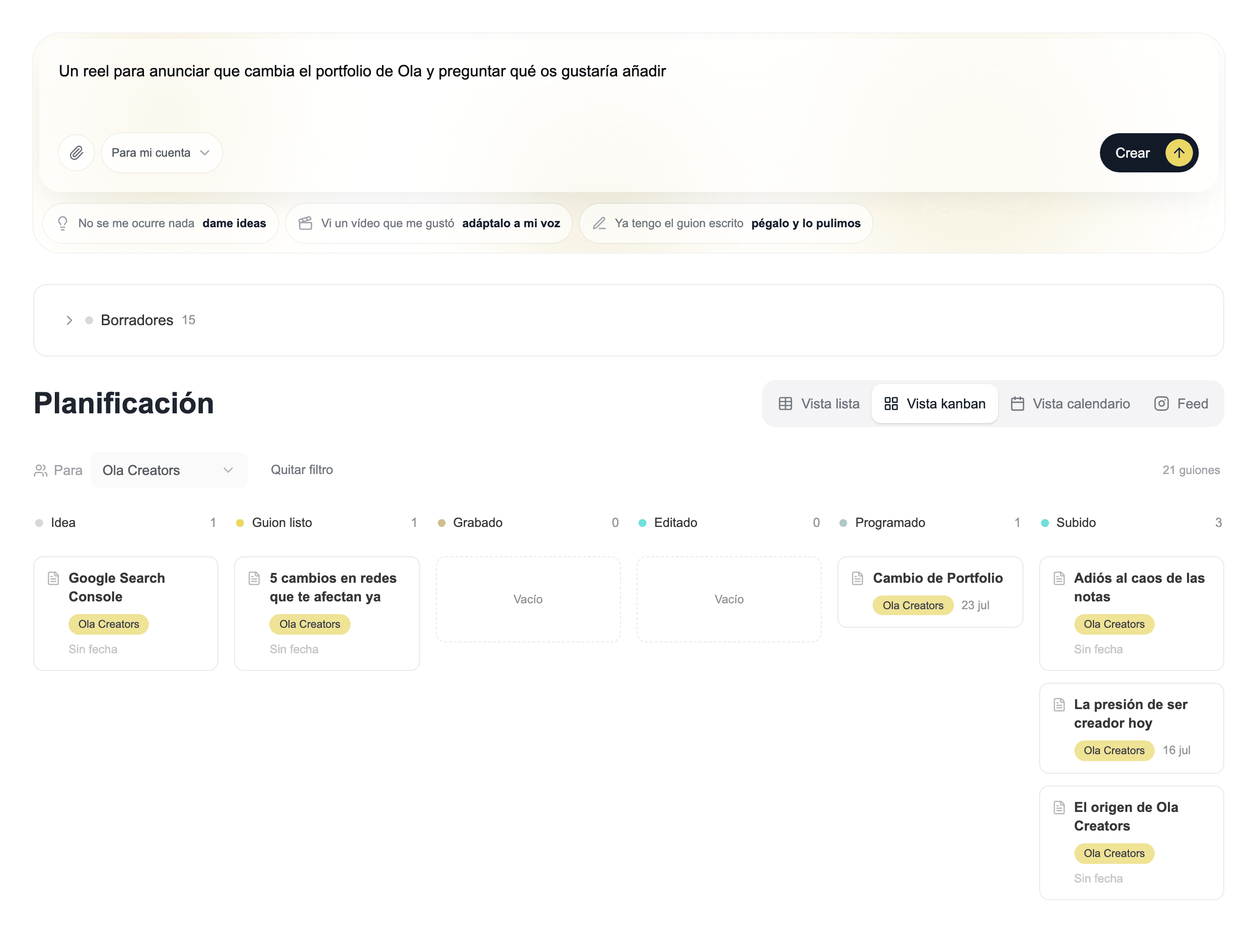 Una idea escrita en una línea y el guion que sale de ella, dividido en bloques