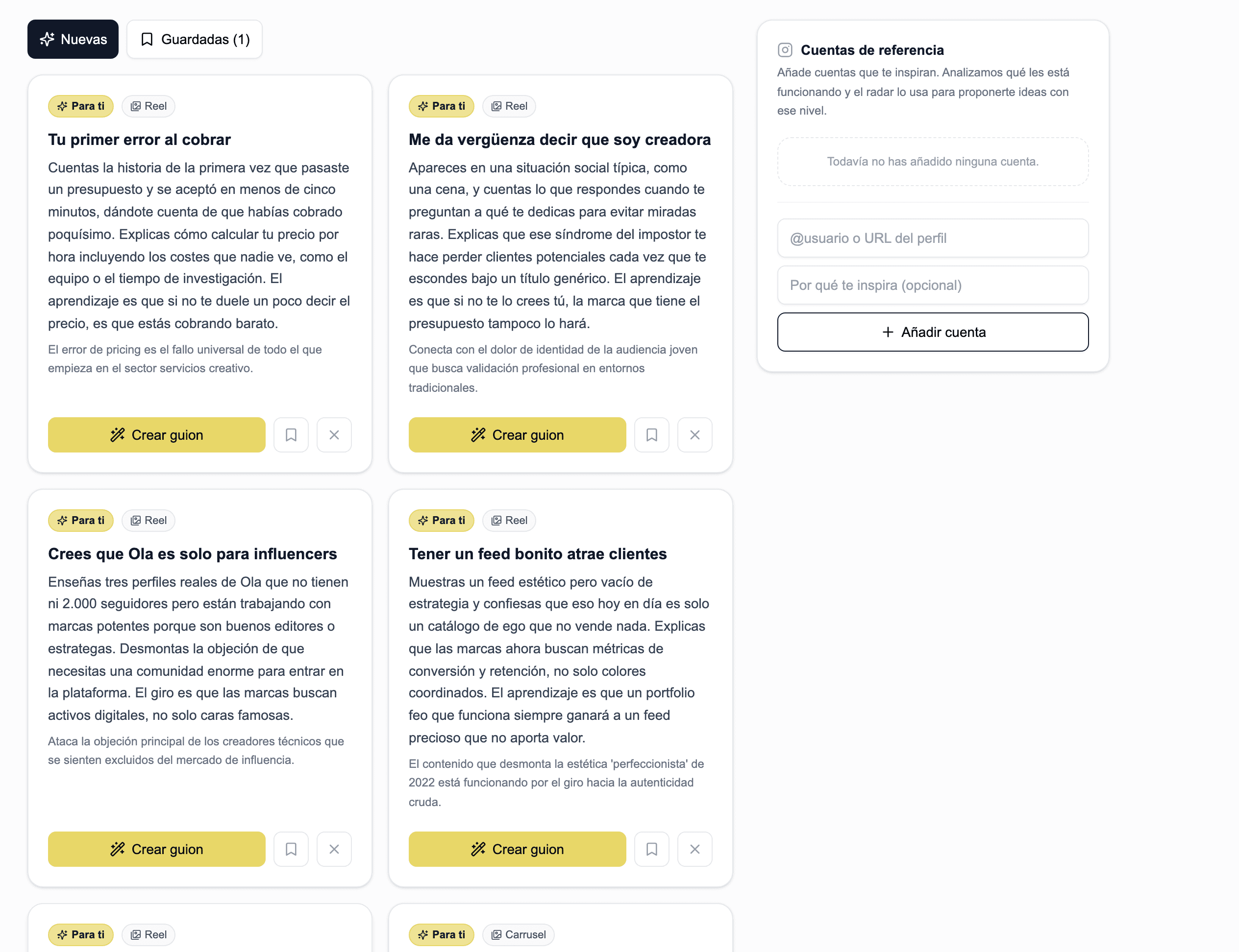 La pantalla de ideas del gestor, con varias propuestas de contenido
