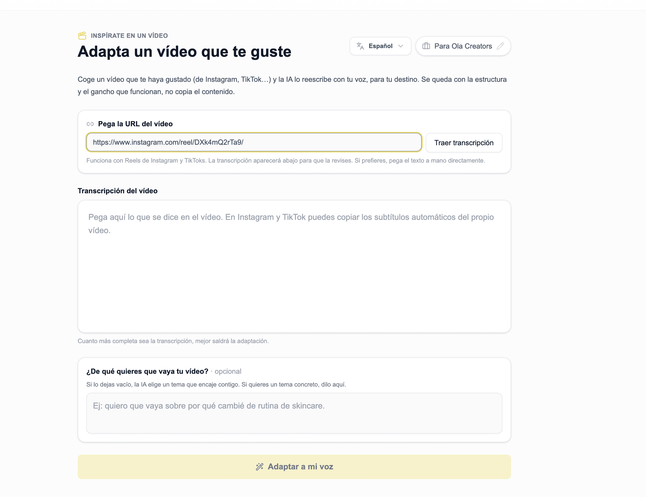 El enlace de un reel pegado y la transcripción del vídeo que aparece debajo
